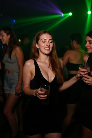 Mujer de 22 años con cabello largo castaño y ojos marrones, piel detallada, Caucasian, Chilean, piel blanca, sonriendo con los ojos cerrados mirando hacia el lado y la cabeza ligeramente levantada, bailando en un club nocturno en una fiesta, expresión de diversión en su rostro, having a good time, vistiendo un vestido de fiesta negro ajustado al cuerpo, ambiente con luces láser de colores verde y morado, personas en el fondo bailando y bebiendo alcohol, fotografía de cuerpo completo, 8k, hiperrealista, alta resolución,