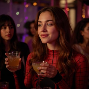 A 22-year-old Caucasian woman with long brown hair and brown eyes wearing a Gwen-spider costume in a Halloween party, she is having a drink, smirking, middle long shot