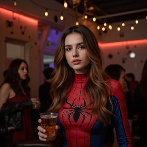 A 22-year-old Caucasian woman with long brown hair and brown eyes wearing a Gwen-spider costume in a Halloween party, she is having a drink,  low camera shot 