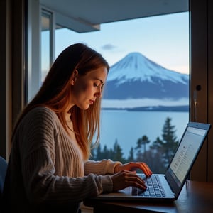 Mujer de 22 años, cabello largo castaño y ojos marrones, chilena, caucásica, sentada en un escritorio escribiendo en su laptop mirando la pantalla de la computadora concentrada, usa anteojos, vista lateral, Masterpiece, ultra detallado, ventana por donde entra luz de día y se puede vwe un paisaje de lago azul calmo y un volcán nevado de cima redondeada