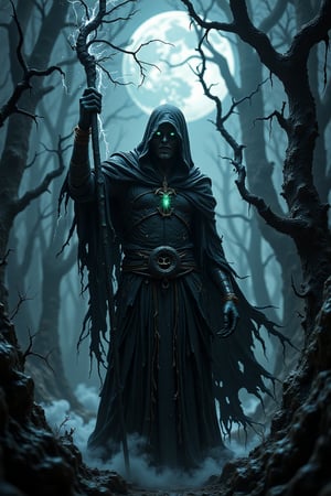 A warlock stands in a dimly lit, mystical forest, surrounded by twisted trees and eerie fog. He's dressed in tattered black robes, with a hood cast over his face to conceal his sinister gaze. His staff crackles with dark energy as he raises it towards the moon, the air thick with anticipation of an impending spellcasting.