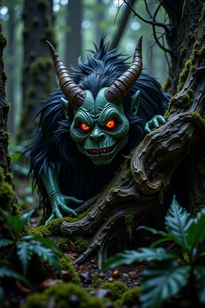 A mischievous troll lurks in the shadows, its glowing red eyes peeking out from behind a twisted tree branch. The forest floor is covered in moss and ferns, with vines snaking up the ancient trunk. The troll's long fingers wrap around the branch, its pointed ears twitching as it surveys its surroundings.