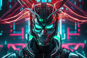 A cyber warrior with a crown of wires and a detailed mask stands against a backdrop of a cybernetic Hokkaido wave. Neon hues and electrified highlights create a futuristic vibe. The scene uses cold blues, silvers, and neon greens with dramatic light from a rising sun. Dutch angle view adds a dynamic, powerful feel.,skull,fiery,red eyes