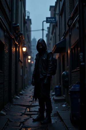 A darkened alleyway at dusk. A lone figure, 'Ortch', stands out against the shadows, their face obscured by a hood. They're dressed in tattered, black clothing, with a hint of industrial piping and machinery visible in the background. The atmosphere is foreboding, with only a few faint streetlights illuminating the scene.