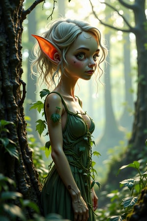 A whimsical elf with delicate features and pointed ears poses against a backdrop of misty forest, sunlight filtering through the trees to cast a warm glow on her porcelain skin. Soft greenery wraps around her slender form, leaves and vines intertwined with her wild hair as she gazes wistfully into the distance.