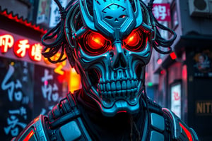 A cyber warrior stands defiantly against the neon-lit backdrop of a cybernetic Hokkaido wave, wearing a crown of wires and a detailed mask that seems to pulse with electricity. The rising sun casts dramatic shadows, highlighting the cold blues, silvers, and neon greens that dominate the scene. Dutch angle view adds dynamic tension as the warrior's fiery red eyes seem to burn with intensity, their skull-like features illuminated by the eerie glow.