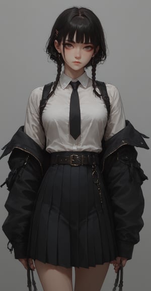 score_9, score_8_up, score_7_up, A young woman with long, black hair and blunt bangs stands confidently, her piercing gaze directed at the viewer. Her pleated skirt falls to her ankles, paired with a white collared shirt and matching jacket adorned with a black necktie. Her medium-length hair cascades down her back, framing her striking features. She dual wields katanas, their blades glinting in the light as she stands tall, her closed mouth exuding determination. A belt cinches at her waist, emphasizing her toned physique beneath her long sleeves and flowing skirt.