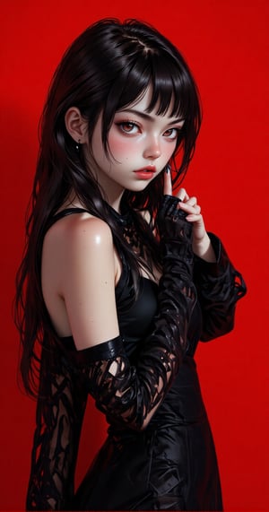 (Photographic realism:1.6), (realistic:2.1) Create a realistic and intense portrait of a woman, blung gang hairstyle , cute , black dress , red background, Anime Style,Midjourney_Whisper