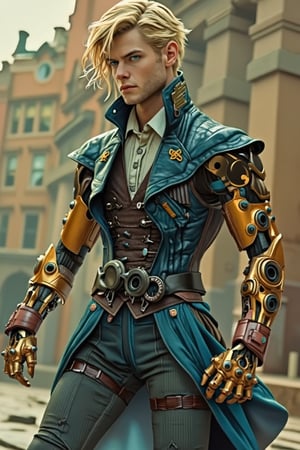 A young man with unruly blond hair, blue eyes, wearing victorian clothes, golden cybernetic limbs. Full body. Character art,Marvel comic style