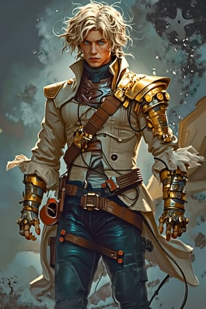 A young man with unruly blond hair, blue eyes, wearing victorian clothes, golden cybernetic limbs and neck. Full body. Character art,Marvel comic style