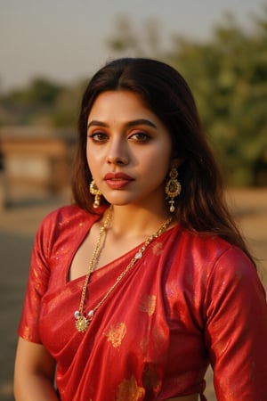 Raw photo of (18yo Kerala Beautiful young woman:1.1, (best quality, highres, ultra-detailed:1.2), This breathtaking photograph, shot on a Canon 1DX with a 50 mm f/2.8 lens, beautifully showcases the raw and authentic beauty of life. high resolution 8k image quality, vibrant colors, glowing dimond, glowing eyes, realistic Raw photo, realistic lighting, traditional Red saree,  exotic beauty, mesmerizing eyes, girl ,Thrissur,Mallu,Saree,35mm photo