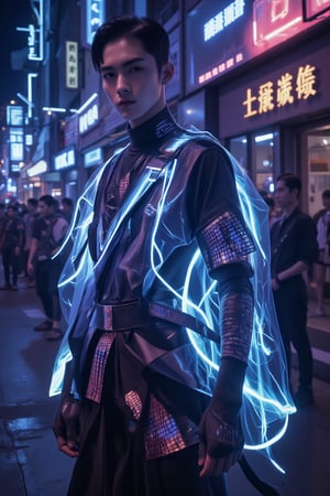 Close-up shot of a young Asian male, dressed in a sleek neon-lit samurai suit with elaborate x-exoskeleton armor, as if a futuristic Fluxboy. The reflective material glistens under the city's vibrant neon lights, casting sharp shadows on his determined face. He stands confidently against a dark, gritty urban backdrop, his piercing eyes gleaming with subtle rebellion. Shot from a 45-degree angle, just left of center, using chiaroscuro lighting to accentuate his features and create depth. High contrast ratio and rule of thirds composition add drama and visual interest.