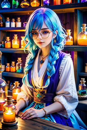 An anime-style character with blue hair and glasses, dressed in a detailed, fantasy-inspired alchemist outfit in shades of blue and white with gold accents. She is seated on a wooden counter in an alchemy room mixing potion, surrounded by shelves filled with glowing potion bottles in vibrant colors like green, purple, and orange. The lighting is warm and soft, casting gentle highlights on her and creating a magical, cozy atmosphere. The scene exudes a sense of mystery and fantasy, with intricate details in both the character's attire and the potion bottles.