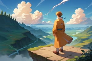 score_9, score_8_up, score_7_up,source_anime, An anime-style illustration of a korean young man with windswept hair, standing on a clifftop. A massive, otherworldly storm cloud fills the sky, and lightning flashes in the distance.precum