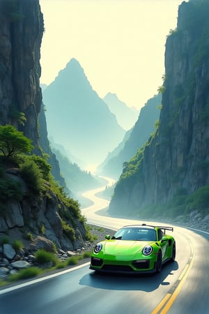 Chinese ink painting of A vibrant green sports car racing through a narrow mountain pass, the rocky cliffs and distant peaks bathed in the soft glow of early morning light.