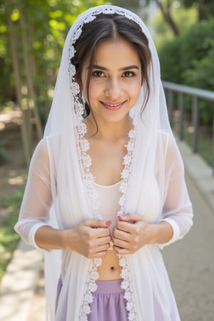 Portrait of a Beautiful 18 years old woman,a translucent dupatta is wrapped around her head, the edges of the dupatta is laced intricately,the dupatta is draped like a hijab,she is wearing a long translucent skirt and a revealing blouse, innocent smile.