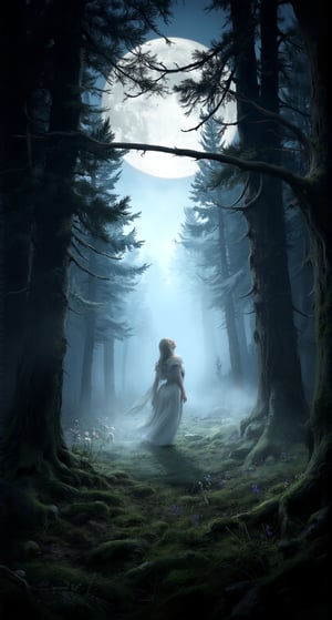 A serene forest glade under the silvery glow of a FULL MOON. Tall trees, their branches like outstretched arms, cast dappled shadows on the moss-covered floor. A wispy fog rises from the earth, carrying the sweet scent of blooming wildflowers. In the center, a lone figure stands still, backlit by the moon's radiance, face upturned in quiet contemplation.