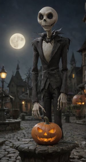 A darkened town square at midnight, moonlight casting an eerie glow on the cobblestones as Jack Skellington, the Pumpkin King, stands atop a decrepit fountain, his skeletal face illuminated by a faint jack-o-lantern light. His bony fingers grasp a worn leather-bound book, eyes gleaming with mischief and creativity.