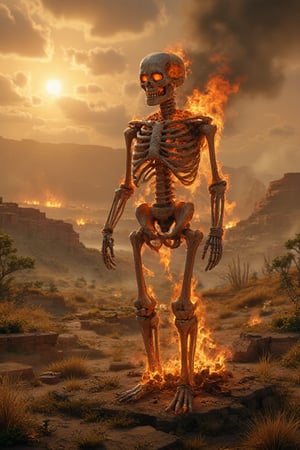 A burning skeleton in a desolate landscape, its bony frame illuminated by the scorching sun overhead. The once-lively skeleton now reduced to a fiery husk, surrounded by scorched earth and withered grass. The sun beats down upon it, casting long shadows as flames dance across its charred remains.