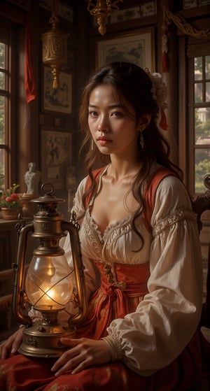 masterpiece, high quality, oil painting style, 1brown village belle, traditional curved revealing  blouse, oil lantern only source of light in room, her eyes explain a newlywed's  yearning, traditional village rope bed backdrop 