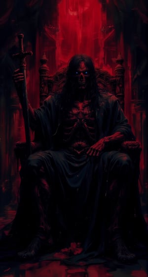 A dark-haired overlord sits upon a throne, surrounded by an eerie crimson glow. His piercing blue eyes seem to bore into the soul as he holds a staff in one hand and a sword in the other. The dimly lit chamber is adorned with ancient tapestries and ornate wooden carvings, exuding an air of mystique. His imposing figure dominates the frame, casting long shadows across the walls.