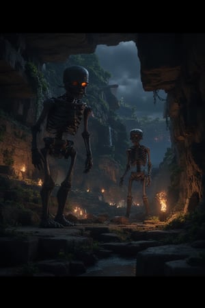 A darkened cave in a Minecraft world, lit by flickering torches. In the foreground, a skeleton stands upright, its bony frame illuminated by the warm glow. The zombie, shuffling and undead, looms behind, its decaying flesh lit by the dim light. The eerie atmosphere is punctuated by the sound of dripping water and distant mining sounds.