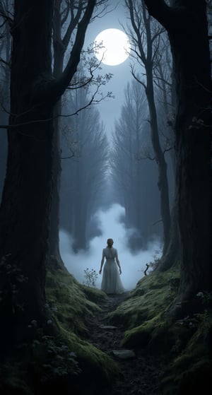 A serene forest glade under the silvery glow of a FULL MOON. Tall trees, their branches like outstretched arms, cast dappled shadows on the moss-covered floor. A wispy fog rises from the earth, carrying the sweet scent of blooming wildflowers. In the center, a lone figure stands still, backlit by the moon's radiance, face upturned in quiet contemplation.