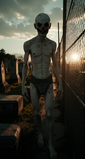 A hauntingly lit scene captures a lone figure, clad only in worn underpants, standing beside a weathered cemetery fence. A twisted smile spreads across his face as he wears a decrepit clown mask, its red nose and white paint chipped and faded. The setting sun casts long shadows across the gravestones, as the air is heavy with an eerie silence.,Fantasy detailers 