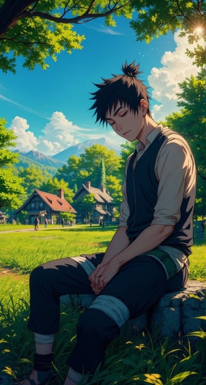 A serene afternoon in the Hidden Leaf Village. Shikamaru Nara sits on a stone wall, his eyes cast downward, surrounded by lush greenery and wispy clouds. The warm sunlight filters through the trees, casting dappled shadows on his face. His lazy gaze seems to convey a sense of introspection, as if pondering the intricacies of his own nature.