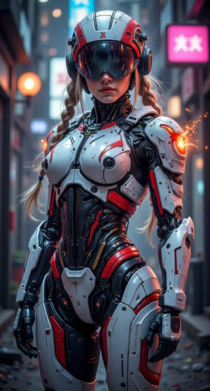 In a gritty, neon-lit alleyway, a young female cyber soldier stands tall, her bright, braided pigtails a striking contrast to her intricate white and red armor. Battle scars adorn her suit as bio-organics glow on her shoulder, illuminating the seamless blend of technology and human flesh. Her helmet's mirrored visor reflects the dimly lit surroundings, adding an air of mystique and intimidation. With a plasma whip crackling with intense flames, she exudes power and determination. Her bold lips curve into a fierce expression as her muscular arms flex, revealing her depth, strength, and resilience. The muted background focuses attention on her striking features, creating a mesmerizing cyberpunk tableau that exemplifies the perfect fusion of style and cinematic flair.