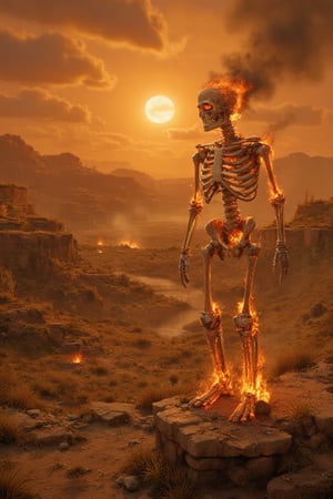 A burning skeleton in a desolate landscape, its bony frame illuminated by the scorching sun overhead. The once-lively skeleton now reduced to a fiery husk, surrounded by scorched earth and withered grass. The sun beats down upon it, casting long shadows as flames dance across its charred remains.