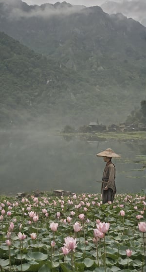 A serene landscape in Teyvat's Liyue province: a gentle breeze rustles the lotus flowers as Kaeya stands at the water's edge, his eyes gazing out at the mist-shrouded mountains. Soft morning light casts a warm glow on his armor, while the tranquil atmosphere is punctuated by the soft lapping of the lake's waters against the shore.