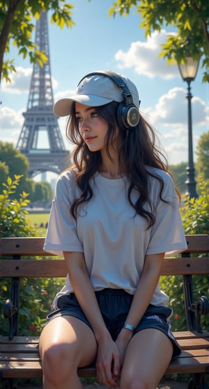 Master piece, generate image of a Girl with headphones, cap, dreamy expression, sitting a bench in the gardens of the Eiffel tower, training wear, t-shirt and sport shorts, (ultra detailed perfect piece:1.2), illustration, masterpiece, (extremely detailed CG 8k), (very fine 8K CG), (1girl:1.2), (dark hair), long hair, wavy hair, hair over one eye, sparkling, light blue eyes, looking at side,