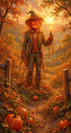 A warm autumn afternoon sun casts a golden glow on Pumpkin Jack, standing tall in a lush patch of vines and gourds. His carved face, aglow with a soft candlelight, peers out from beneath a bushy orange crown. A rustic wooden fence frames the scene, with a few scattered pumpkins rolling down the hillside.