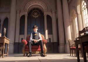 A 15-year-old aristocrat boy sits on a throne in the great hall