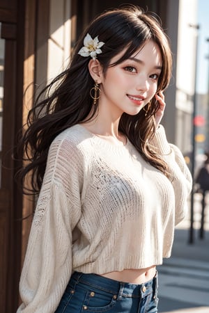 Masterpiece, best quality, official art, (1girl,), long hair, toothy smile, wearing earrings, hair clip, half body shot, wearing sweater jeans, front shot, detailed part, dynamic lighting,