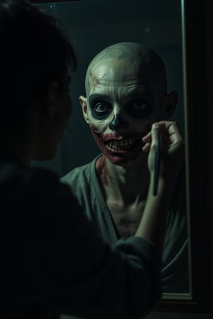 Reflected in a mirror, seeing his reflection, ((the face of a rotten being, almost a monster, horrible and scary)), he is putting makeup on half of his face to look like that of a normal human.