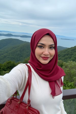 This is a high-resolution photograph featuring a young woman taking a selfie at an elevated viewpoint, likely a lookout or skywalk. The woman is of South Asian descent, with fair skin and a round face adorned with meticulously applied makeup, including bold, winged eyeliner and matte lipstick in a deep red shade. She wears a white, long-sleeve ribbed knit sweater and a voluminous, rich red hijab that flows gracefully around her, covering her head and shoulders. 

Her hijab is made of a lightweight, sheer fabric that allows for a soft, delicate texture contrasted against the knit sweater. She has a confident smile and is looking directly at the camera, capturing the moment with her right arm extended. She carries a woven, red leather handbag over her left shoulder, adding a pop of color to her outfit.

In the background, the scene extends to a breathtaking panoramic view of lush green forested hills and a vast body of water, likely a sea or lake, under a partly cloudy sky. The horizon is distant, with faint outlines of distant islands and the coastline. The overall mood of the image is serene and picturesque, highlighting both the beauty of nature and the woman's elegant attire.