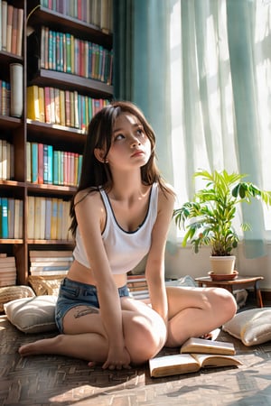 Teenage girl sitting on the floor, cozy room, cushions, books, thoughtful expression, soft warm sunlight, sheer curtains, gentle shadows, earthy tones, pastel colors, background: shelves with colorful books, small potted plant, personal art, high-resolution, rich color depth, serene atmosphere, hubggirl