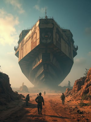 Composition: A futuristic warzone landscape unfolds an industrial military ship emerges from a dusty, ravaged horizon. Weathered textures and rusty hues dominate the foreground, depicting the aged structure's battle-worn features. The sky above is a deep shade of indigo, gradually lightening to a faint blue towards the upper left corner, where a burst of orange and yellow illuminates the atmosphere. A military unit, dressed in muted earth tones, moves cautiously into the frame, led by a helmeted figure holding a rifle at the ready. The landscape's worn terrain, complete with rocky outcroppings and ravaged foliage, stretches towards the vanishing point, drawing the viewer's eye into the gritty, adventurous scene.