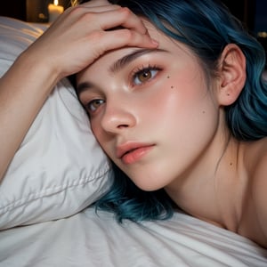 score_9, score_8_up, score_7_up,source_ photo, BREAK 
calm city,cold,night,scene,beautiful,innocent,natural face,teenage,(distant gaze:1.1),deep in thought,laying down on  bed.photographic,cinematic style,pale skin,wavy chin-length hair,vibrant (blue:0.6) hair,(rounded:1.3) face,gently rounded chin,prominent and distinctive mole under her left eye (mole:1.3), adding a unique charm to her expression,a small candle flickers softly above the table behind,gentle light on.(elegant:0.9) eyes,expressive hazel eyes,dim,environment,moody lighting,warm,soft shadows,tranquil atmosphere,Extremely Realistic