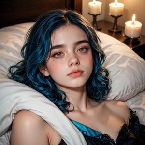 score_9, score_8_up, score_7_up,source_ photo, BREAK 
calm city,cold,night,scene,beautiful,innocent,natural face,teenage,(distant gaze:1.1),deep in thought,laying down on  bed.photographic,cinematic style,pale skin,wavy chin-length hair,vibrant (blue:0.6) hair,(rounded:1.3) face,gently rounded chin,prominent and distinctive mole under her left eye (mole:1.3), adding a unique charm to her expression,a small candle flickers softly above the table behind,gentle light on.(elegant:0.9) eyes,expressive hazel eyes,dim,environment,moody lighting,warm,soft shadows,tranquil atmosphere,Extremely Realistic