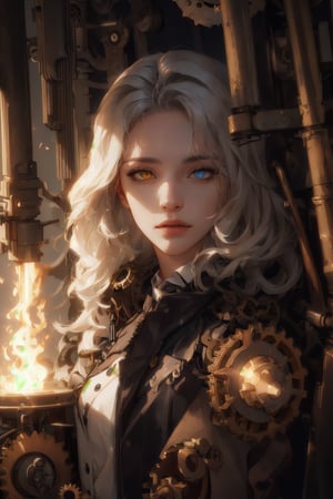 (absurdres, highres, ultra detailed), 1woman, mature female, aged up, wavy long hair, split-color hair, heterochromia, bangs, long sleeves, finely detailed eyes and detailed face, extremely detailed CG unity 8k wallpaper, intricate details, (style-rustmagic:0.8), (medieval cyborg:0.8), portrait, (bloody wounds:0.7), looking at viewer, solo, half shot, detailed background, (steampunk theme:1.1) determined expression,  dark couds technomancer, floating lights, color leather vest with gears, techwear,  jetpack,   workshop in background, machines, gears, steam, industry, technology, furnace, grime, anvil,  buttons, levers,  automaton,  electricity, electric sparks epic atmosphere,, portrait