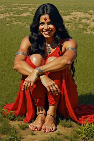 painting, beautiful 25 year old medieval indian woman, barefoot. sitting  in the grass . sadistic smile, cruel mistress. evil smile.  focus on her foot. foot in focus. 