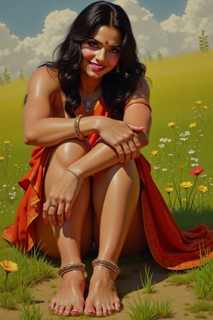 painting, beautiful 25 year old medieval indian woman, barefoot. sitting  in the grass . sadistic smile, cruel mistress. evil smile.  focus on her foot. foot in focus. 