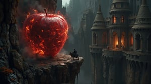  hyper realistic piece of art movie scene features a red apple shaped as a face  blended with a red fire and riding a dog, on a cliff wich overview a gothic castle, u can see naruto fucking a cat inside the castle,
score_9, score_8_up, score_7_up,
highly detailed, high contrast, film grain, Rim Lighting