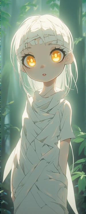 full body shot of Neferpitou, a Niji-style anime mummy boy, with long white hair framing her pale complexion. Her enormous, luminescent yellow eyes dominate the frame, radiating an otherworldly glow. Delicate anime lines define her features, as she gazes wistfully into the distance, surrounded by a soft, dreamy mist.