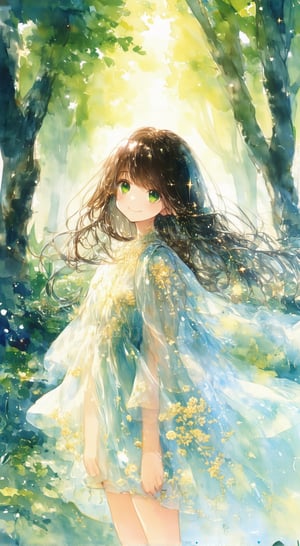 Rough sketch style, anime style A girl with long dark brown straight hair flowing down her back stands in the forest. Her hair shines softly in the sunlight filtering through the trees, making it look like golden thread. The camera is angled from above so that her entire face is visible. She is wearing a thin chiffon dress, and the material is light and transparent, as if it were wrapped in air. Her dress is pale blue and has a detailed floral pattern embroidered on the hem, giving the impression that she is part of the forest herself. There are tall trees in the background, and the light shining through them illuminates her surroundings. Using depth of field, the background is softly blurred, making her presence stand out. The surrounding trees create a mysterious atmosphere, and minute particles of light dance between the leaves, making it look like stardust is falling down. Her eyes are deep green and shine as if she knows some secret hidden deep in the forest. Her smile is gentle and gives peace to the viewer, as if a forest spirit has taken human form. .,watercolor \(medium\)