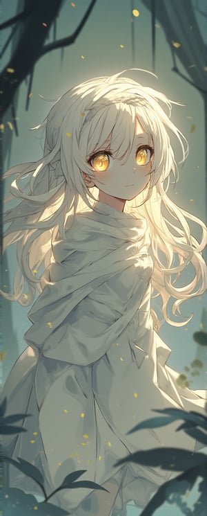 full body shot of Neferpitou, a Niji-style anime mummy boy, with long white hair framing her pale complexion. Her enormous, luminescent yellow eyes dominate the frame, radiating an otherworldly glow. Delicate anime lines define her features, as she gazes wistfully into the distance, surrounded by a soft, dreamy mist.