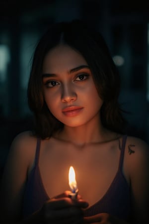 CridLight, A close-up portrait of a young woman Syifa Hadju, captured in a moody, dimly lit setting. She holds a lit candle close to her face, casting a warm glow that contrasts with the surrounding darkness. The woman's gaze is direct and intense, with her dark hair cascading down her shoulders. She wears a dark-colored top, and a tattoo is visible on her left shoulder. The background is blurred, emphasizing the subject, and the overall color palette is dominated by dark tones with bursts of orange from the candlelight. The style of the image leans towards dramatic and evocative, with a focus on the interplay of light and shadow.